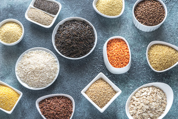 Assortment of grains on the gray background