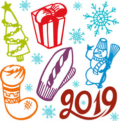 Christmas & New year set. Winter holidays. Colorful vector illustrations, background. Decoration kit