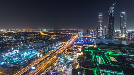 Fototapeta na wymiar Dubai downtown night timelapse. Top view from above
