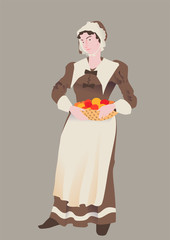 The American  pilgrim, vector illustration by Thanksgiving Day. Woman the pilgrim in a traditional suit with basket of fruit. Isolated object. - obrazy, fototapety, plakaty