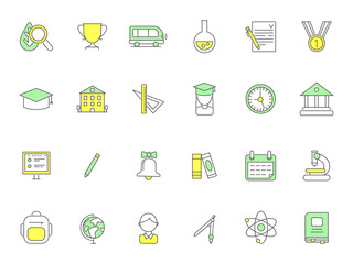 Colored school icons. Vector symbols of science. Illustration of school educational, study and lesson, globe and bell