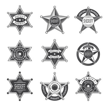 Sheriff stars badges. Western star texas and rangers shields or logos vintage vector pictures. Illustration of texas star, ranger sheriff badge