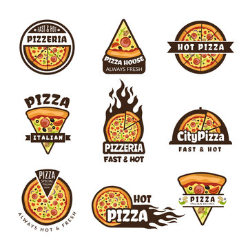 Pizza labels. Pizzeria logo design italian cuisine pie food ingredients vector colored badges template. Badge of pizzeria italian, label menu illustration