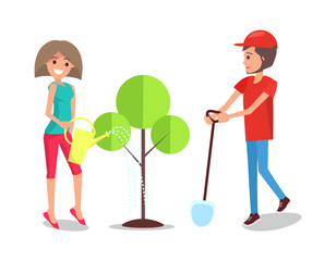 Man and Woman Planting Tree Together Vector Poster