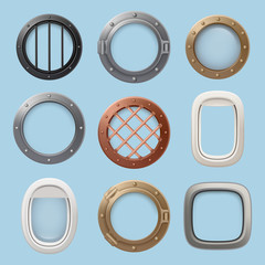 Aircraft window. Plane, jet ship or submarine interior with futuristic glass portholes of various shapes vector collection. Illustration of porthole glass frame, window submarine and airplane