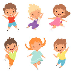 Jumping children. Cute surprised playing crazy happy kids male and female boys and girls vector cartoon characters. Female and male joy, young jumping illustration