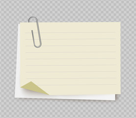 Vector realistic white yellow note paper from note pad with paper clip on transparent background.