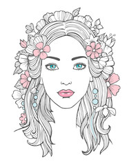 Beautiful woman portrait. Mysterious drawing beauty young female with flowers in hair vector art. Face woman portrait, girl young drawing illustration