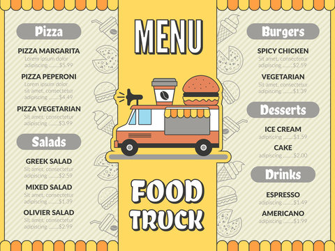 Food Truck Menu. Outdoor Kitchen In Car Mobile Van Mexican Tacos Ice Cream Fast Food Drinks Pizza Flyer Vector Template. Illustration Of Food Truck Menu, Street Car Restaurant