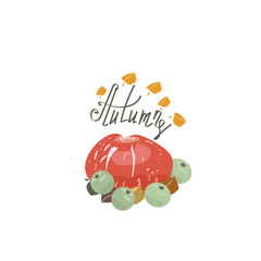 Harvest or Thanksgiving background with pumpkins, apples and fallen leaves on wooden background with copyspace. Halloween, Thanksgiving day, seasonal autumnal concept