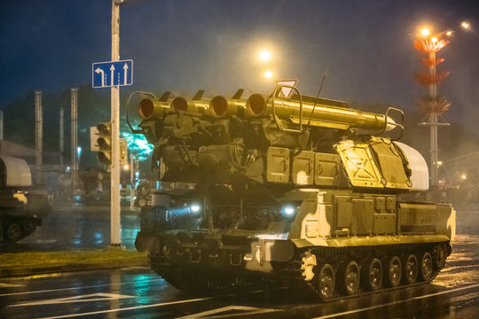 Minsk, Belarus. Self-propelled Buk Missile System Moving Near Na