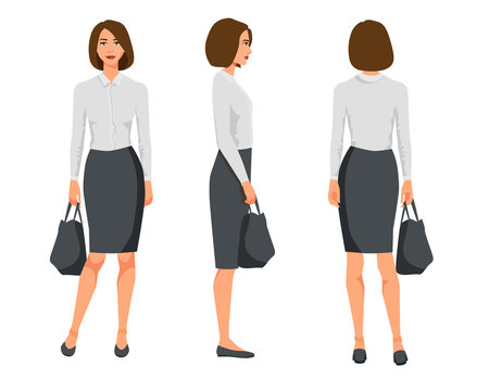Vector illustration of three business woman with short hair in official clothes with bag.Cartoon realistic people illustration.Flat young womanwith bag.Front view girl,Side view girl,Back side of girl