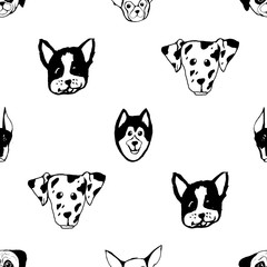 Seamless pattern with Dog breeds. Bulldog, Husky, Alaskan Malamute, Retriever, Doberman, Poodle, Pug, Shar Pei, Dalmatian. Hand drawn black and white vector illustration Doodle style design