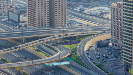 Traffic on a busy intersection on Sheikh Zayed highway aerial timelapse