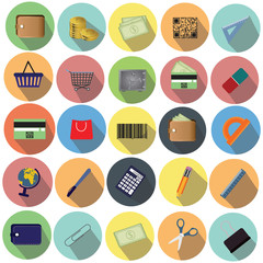 Modern design vector illustration of a flat icon set with a long shadow style of financial services, business management, bank account and cash objects. Isolated on white background. Vector