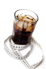 Cola With Ice Cubes In Glass Wrapper With Tape Measure
