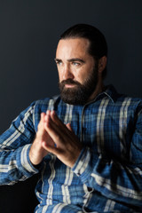Fototapeta premium Beard handsome man concentration, chill portrait. Think.