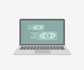 Vector illustration of laptop with flowing money on the screen. Business concept.