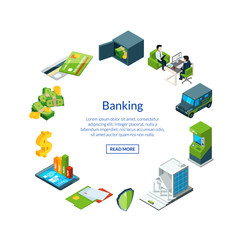 Vector isometric money flow in bank icons in circle shape with place for text illustration