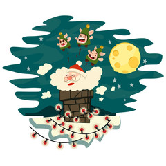 Santa Claus climbs down the chimney. Vector cartoon character isolated on a white background.