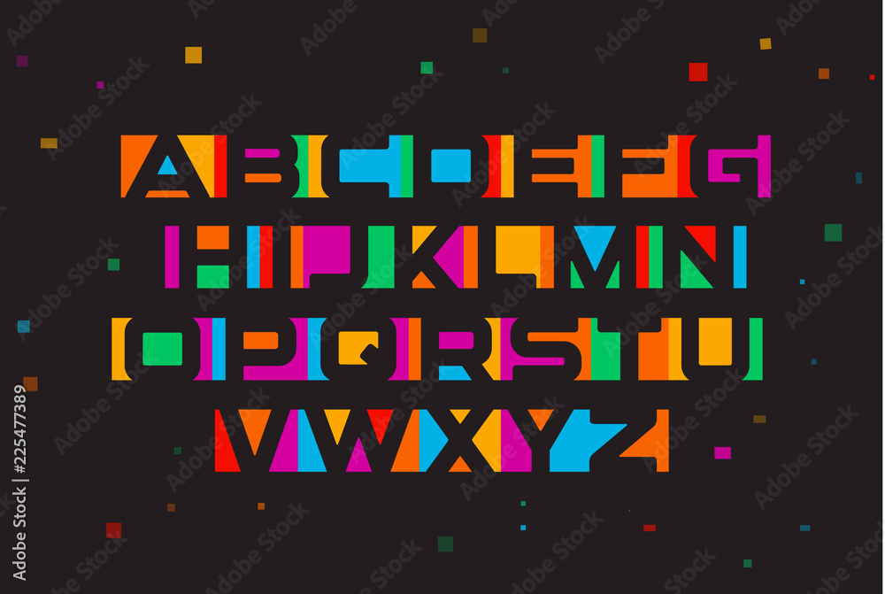 Poster colored vector font. geometric negative space alphabet. colorful letters on black background with ge