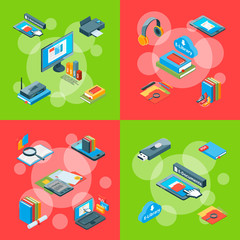 Vector isometric online education colored icons infographic concept illustration. Banner study collection