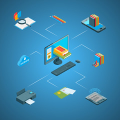 Obraz premium Vector 3d isometric online education icons infographic connect concept illustration