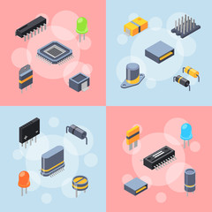 Vector banner and poster with isometric microchips and electronic parts icons infographic concept illustration