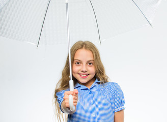 Girl child ready meet fall weather with transparent umbrella white background. Enjoy rainy days...