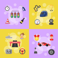 Banner and poster vector flat car racing icons infographic concept illustration