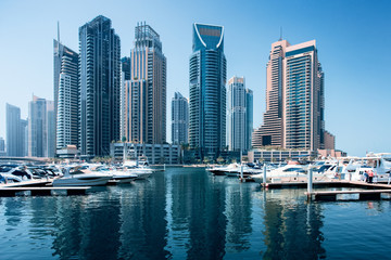 Fototapeta na wymiar Marina Promenade in Dubai city, UAE, United Arab Emirates. Clear blue sky at the day