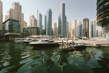 Marina Promenade in Dubai city, UAE, United Arab Emirates. Clear blue sky at the day