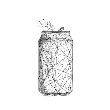 Soda can. Beer can. Isolated black vector illustration in low-poly style on a white background. The drawing consists of thin lines and dots. Polygonal image on topics of drinks or food. Low poly EPS.