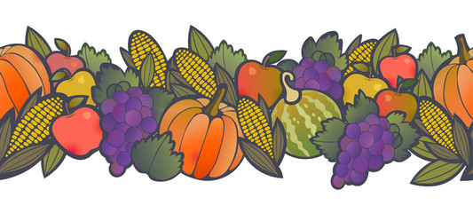 Autumn harvest seamless border with fruit and vegetables. 