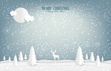 illustration of nature landscape and concept, The reindeer is in the snow-covered jungle in christmas day.design by paper art and digital craft style