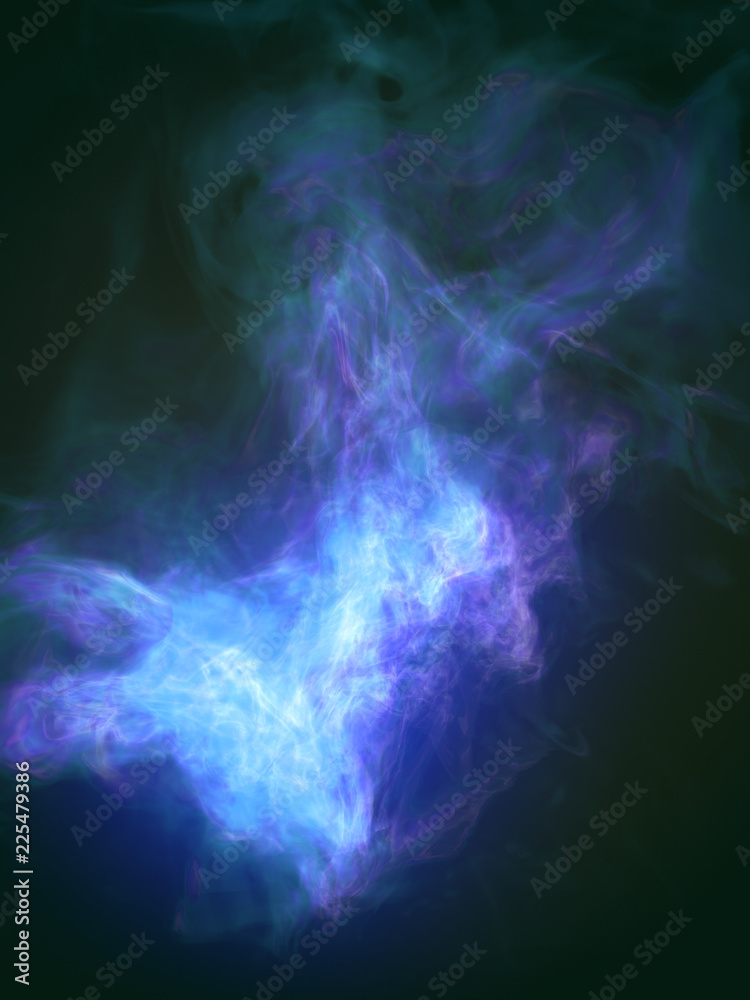 Poster blue turbulent flame isolated on dark background. 3d rendering