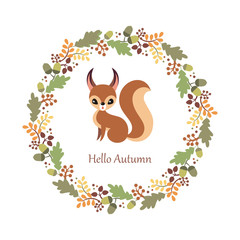 Cute squirrel in cartoon style isolated on a white background. Autumn poster. Childhood vector illustration.