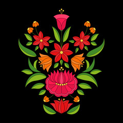 Hungarian folk pattern vector. Kalocsa floral ethnic ornament. Slavic eastern european isolated print on black background. Vintage flowers design for home textile clothing embroidery, festive card.