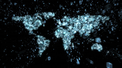 Obraz premium World map as circuitry with binary particle streams of data
