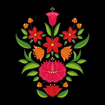 Hungarian folk pattern vector. Kalocsa floral ethnic ornament. Slavic eastern european isolated print on black background. Vintage flowers design for home textile clothing embroidery, festive card.