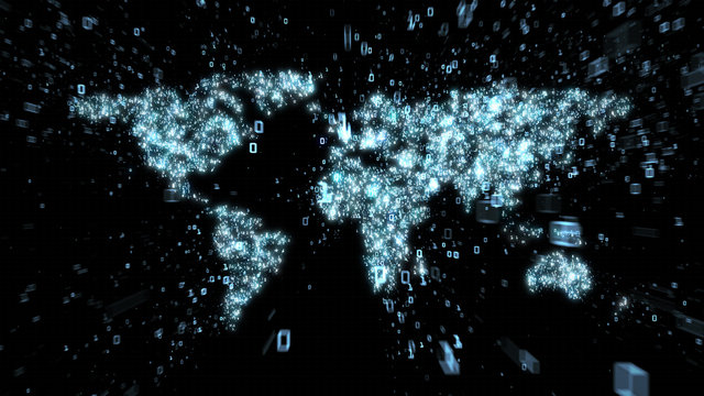 World map as circuitry with binary particle streams of data