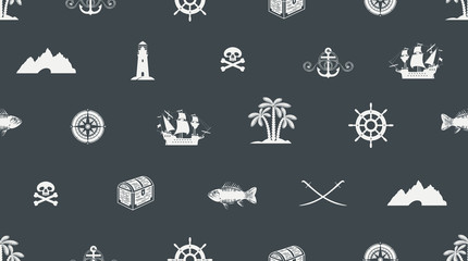 Vector seamless background on a pirate theme with a sailboat, Lighthouse, Jolly Roger, treasure chest, swords, a compass, a cave and other. White cute sea objects on a dark background in retro style