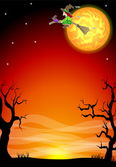 halloween night background with a flying witch and full moon