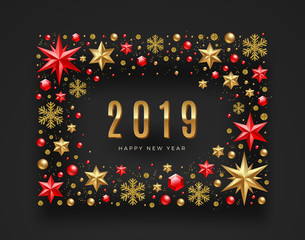 New Year 2019 greeting illustration. Frame made from stars, ruby gems, glitter gold snowflakes and beads. Vector illustration.