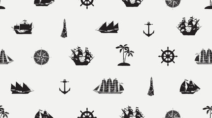 Fototapeta premium Vector seamless background on the theme of sea travel with different sailing ships, compass, anchor, steering wheel and others. Cute sea objects on a light background in retro style