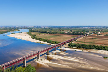 Santarem, Portugal. Ponte Dom Luis I Bridge, Tagus River and Leziria fields the fertile alluvial...