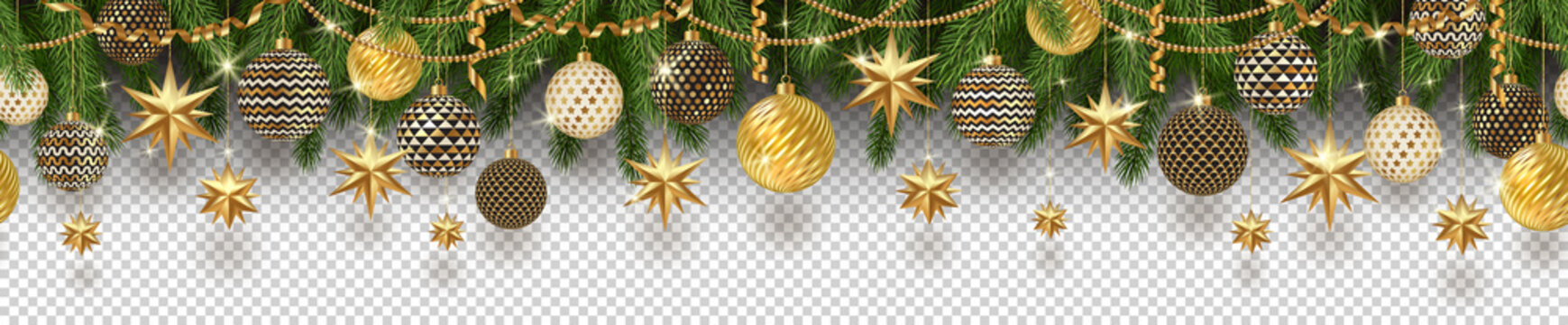 Christmas golden decoration and Christmas tree branches on a checkered background. Can be used on any background. Seamless frieze. Vector illustration.