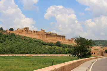Fototapeta na wymiar Amer (or Amber) Fort in Jaipur as seen from the entrance. One of six Hill Forts of Rajasthan