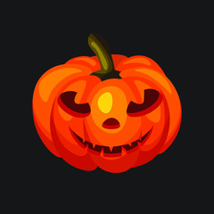 Halloween pumpkin with a cut-out grimace isolated on dark background. Happy Halloween concept or template.  Autumn holidays. Vector Illustration.