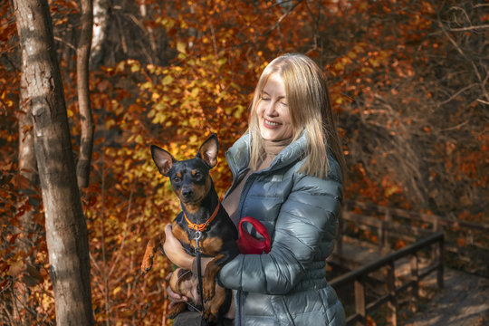 Woman walks in autumn park with little dog
